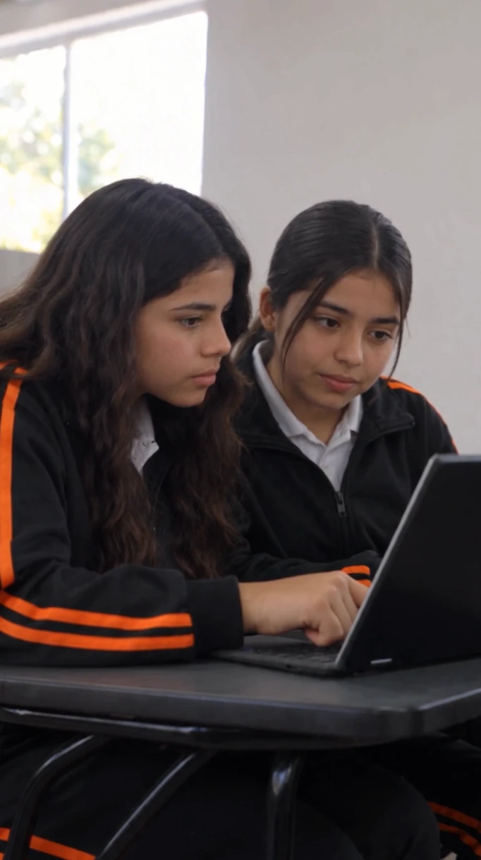 Dos estudiantes revisan juntas el contenido de una Chromebook