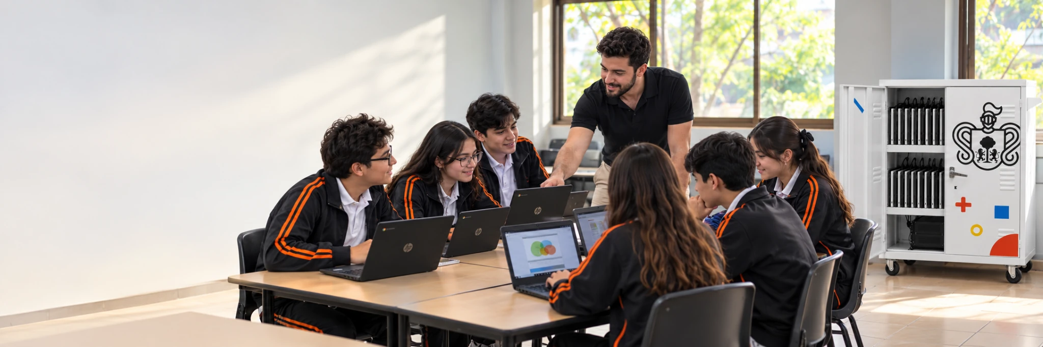 Docente y estudiantes trabajando con Chromebooks junto al gabinete del Aula Google