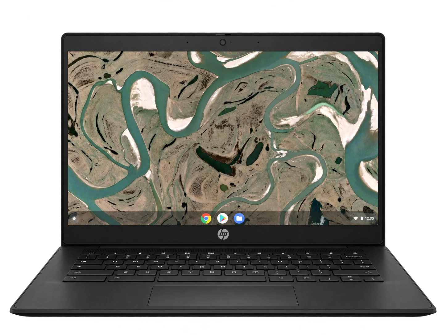 Vista frontal de referencia de una Chromebook abierta