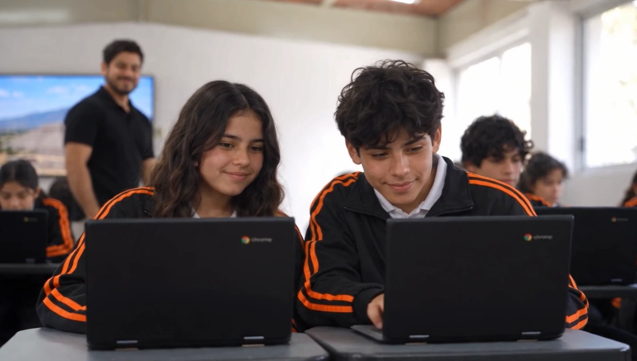 Estudiantes trabajan con sus Chromebooks mientras el docente acompaña al grupo