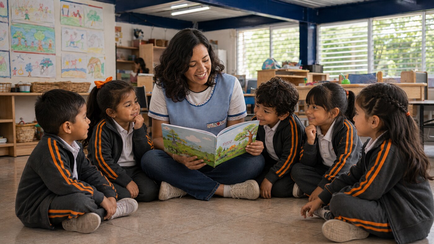 Educadora con mandil leyendo un cuento a niñas y niños de preescolar