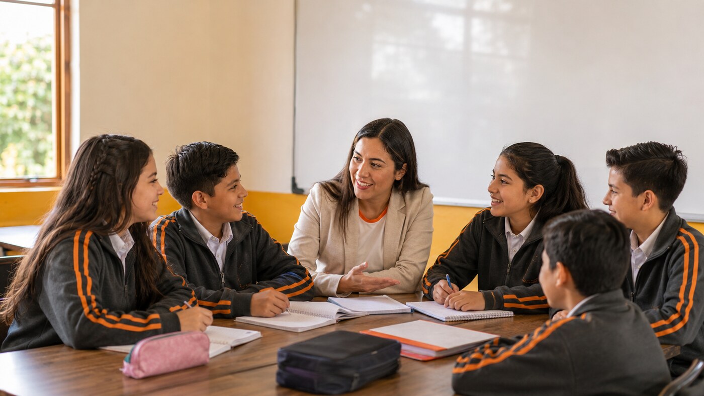 Docente y estudiantes dialogando en torno a una situación del aula