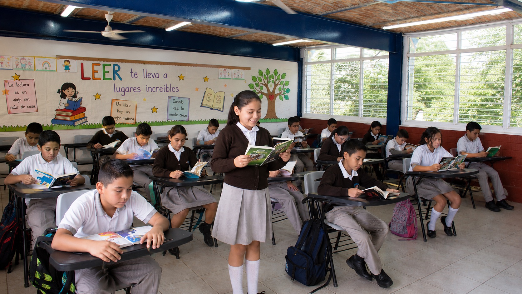 Grupo de estudiantes leyendo en el aula